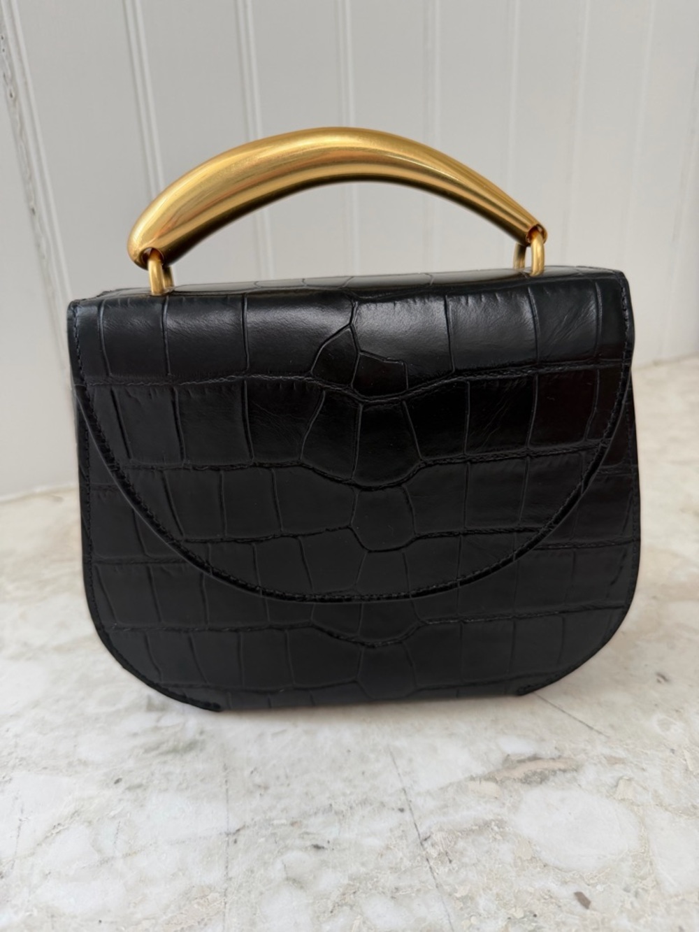 Cuyana Black Croc-Embossed Top Handle Clutch with Gold Handle